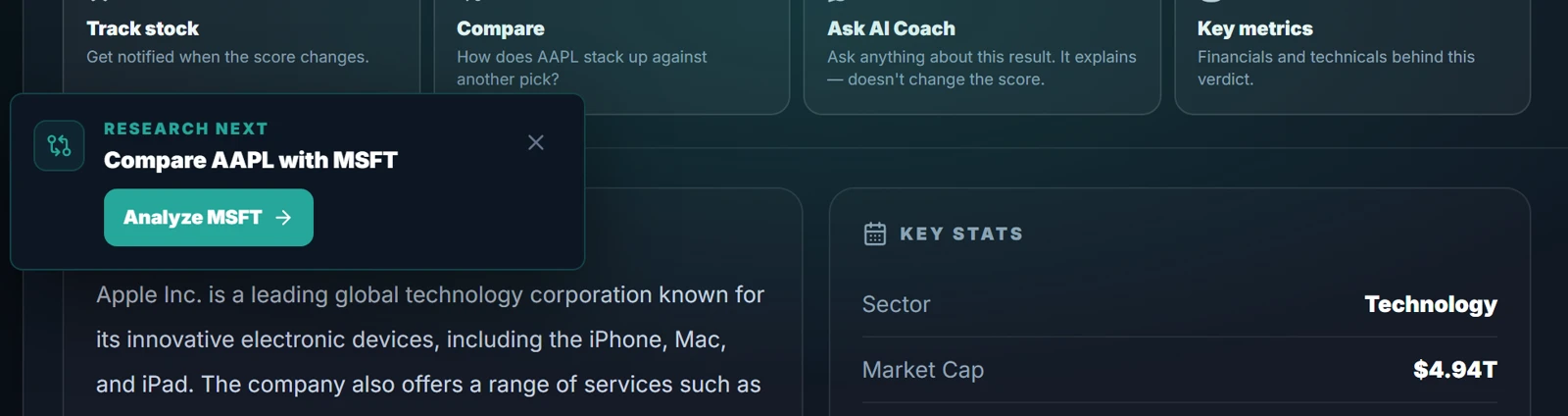 After the result, the page suggests a next step: comparing the company with a competitor
